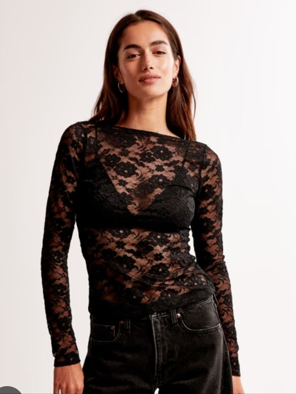 Abercrombue And Fitch Black Lace Long-Sleeve Sheer Top - Women